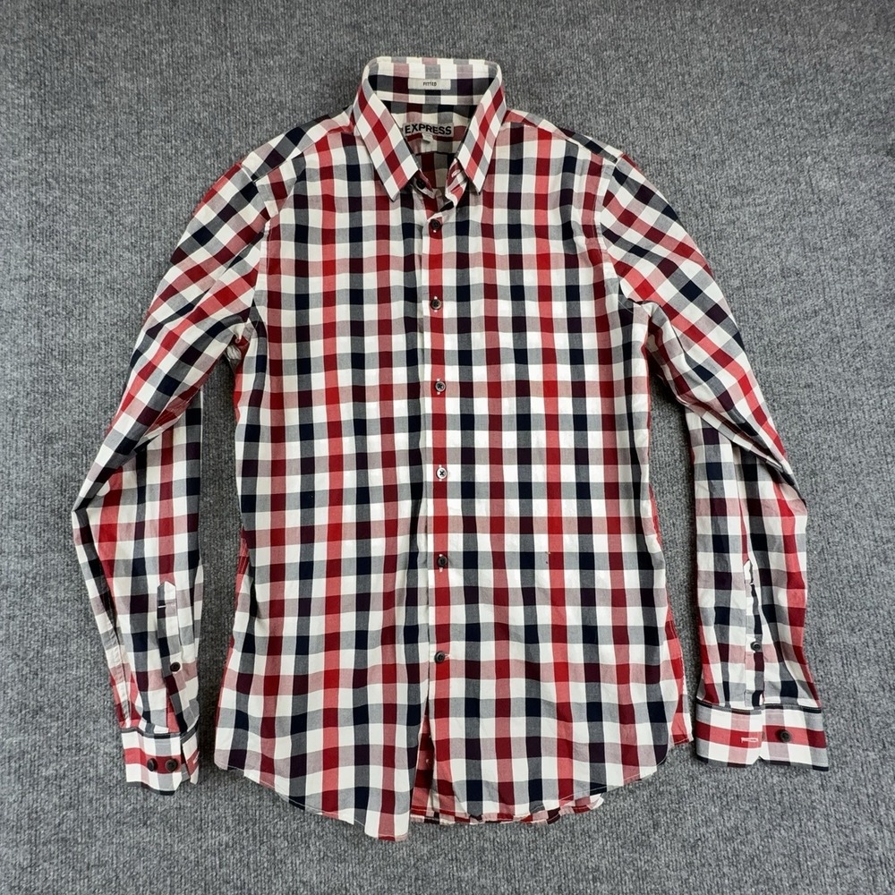 Express Dress Shirt Mens Medium 15-15.5 Red Navy Check Fitted Cotton Long Sleeve